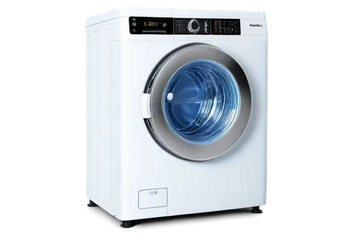 Front view, white washing machine, sleek design, stainless steel door, circular buttons, LED display, soft blue light, shadow under the machine, 45-degree angle, shallow depth of field, warm color ton