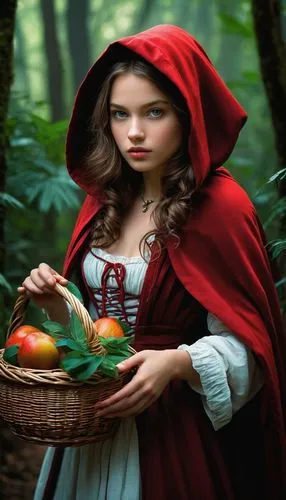 little red riding hood,red riding hood,girl picking apples,mabon,basket of apples,gretel,Illustration,Realistic Fantasy,Realistic Fantasy 22