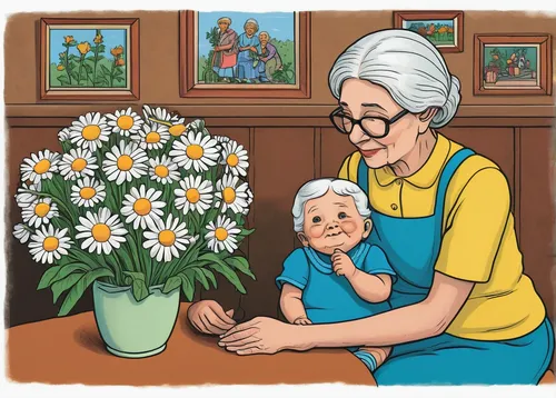 flower arranging,marguerite,care for the elderly,nanny,grandmother,elderly lady,grandma,nursing home,granny,elderly person,flower painting,smartweed-buckwheat family,heath aster,caregiver,cartoon flowers,homeopathically,elderly people,marguerite daisy,grandparent,picking flowers,Illustration,Black and White,Black and White 18