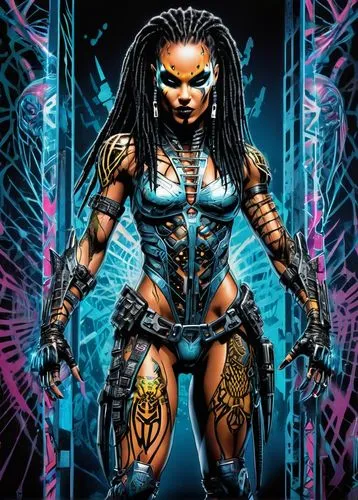 ((woman alien warrior "predator" in a dark web in spiral crystal fibonaci, in a building)). Psychedelic style,witchblade,lilandra,cyberdog,voodoo woman,ultraverse,afrofuturism,akasha,maliana,female wa