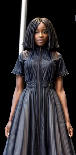 A BLACK WOMAN STANDING IN FRONT OF THE STUDIO,gradient mesh,hoopskirt,black woman,artificial hair integrations,african american woman,ebony,model train figure,overskirt,designer dolls,plus-size model,