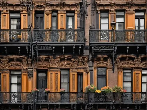 Brownstone buildings, New York City, 19th century, Victorian-era, ornate stonework, detailed carvings, Gothic Revival, Romanesque style, grand staircases, intricate ironwork, gas lamps, horse-drawn ca