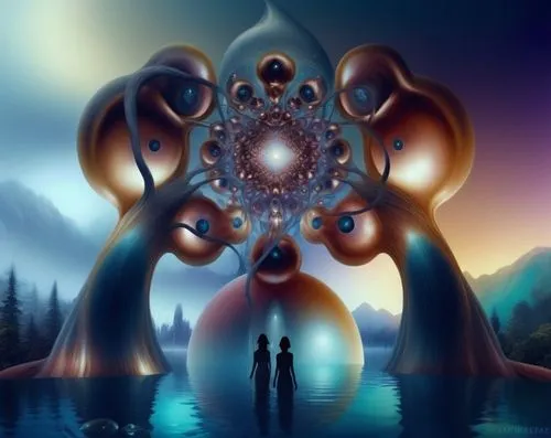 two people standing in front of a large tree painting,fractals art,mirror of souls,symbioses,ozora,lifeforms,imaginacion,Illustration,Realistic Fantasy,Realistic Fantasy 37