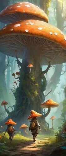 Imagine a thrilling adventure where a group of mushroom people embark on a quest to save their kingdom from an evil sorcerer.,mushroom landscape,mushroom island,umbrella mushrooms,forest mushroom,toad