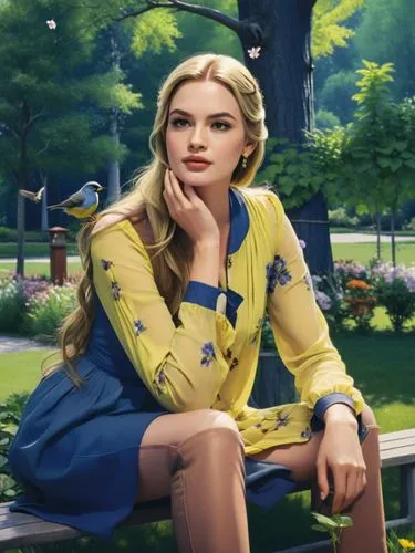 A beautiful woman with long brown hair sits on a bench in a park, surrounded by blooming flowers and birds. She wears a flowing yellow dress and a pair of matching boots. One of the leaves rustles in 