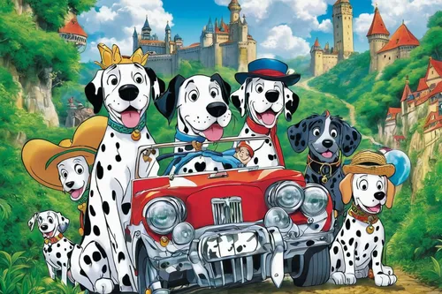 dalmatian,jigsaw puzzle,cartoon car,kennel club,dog street,color dogs,animal train,kooikerhondje,children's ride,dog race,euro disney,dog racing,car dealership,hunting dogs,caper family,dog school,canina,american stafford,dog cartoon,smaland hound,Illustration,Japanese style,Japanese Style 05