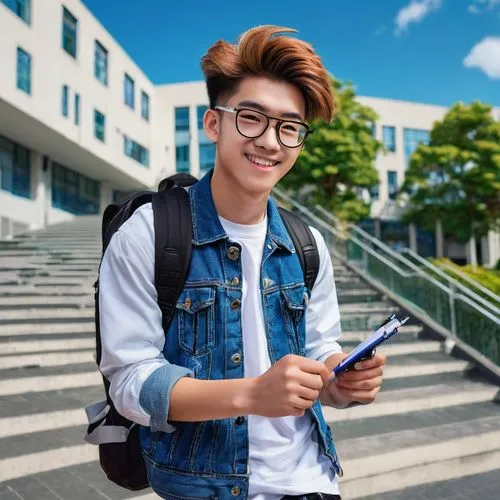 Senior high school student, male, 18yo, fashionable hairstyle, black framed glasses, casual wear, denim jacket, white shirt, dark jeans, sneakers, backpack, senior yearbook, holding a pen, smiling, fr