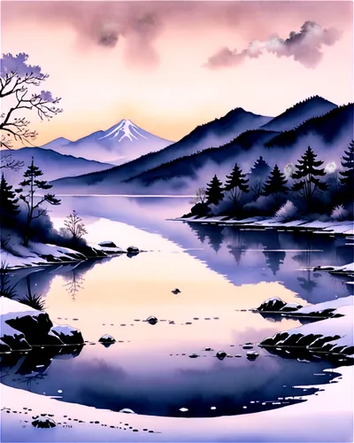 winter landscape,snow landscape,japan landscape,snowy landscape,purple landscape,winter lake,ice landscape,lake tanuki,winter background,landscape background,snow scene,japanese mountains,watercolor background,fragrant snow sea,evening lake,christmas landscape,mountain landscape,japanese art,mountain scene,korean village snow,Illustration,Paper based,Paper Based 30