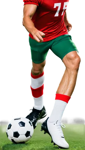 Football player, athletic male, muscular legs, green turf background, cleats, white socks, shin guards, dynamic action, kicking pose, low-angle shot, dramatic lighting, intense expression, sweat dropl