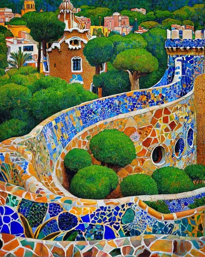 park güell,alhambra,gaudí,mosaics,mediterranean,spanish tile,samarkand,olive grove,taormina,provence,roof landscape,khokhloma painting,amalfi,carol colman,mosaic glass,mosaic,amalfi coast,aeolian islands,andalusia,harissa,Art,Artistic Painting,Artistic Painting 32