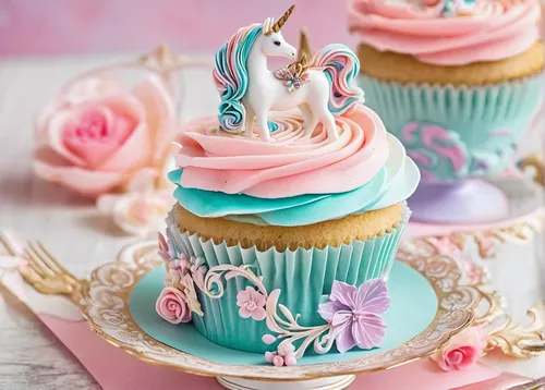 Devise a cute cupcake with pastel colors and a miniature unicorn figure for a magical celebration.,unicorn cake,royal icing,buttercream,cake decorating supply,baby shower cake,cupcake paper,colored ic