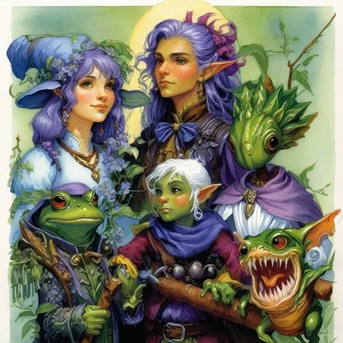 D&D party of adventurers, a firbolg, a gnome, frog, lavender-elf, wooden-automaton

,D&D party with a druid, warlocks, frog-person and halfling,elfquest,paizo,fablehaven,dragonlance,darkstalkers,famil