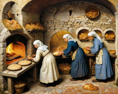 many figures of medieval people, a painting and layout style with the perspective of Pieter Bruegel, A captivating painting of medieval nuns diligently baking bread in the oven of a monastery bakery. 