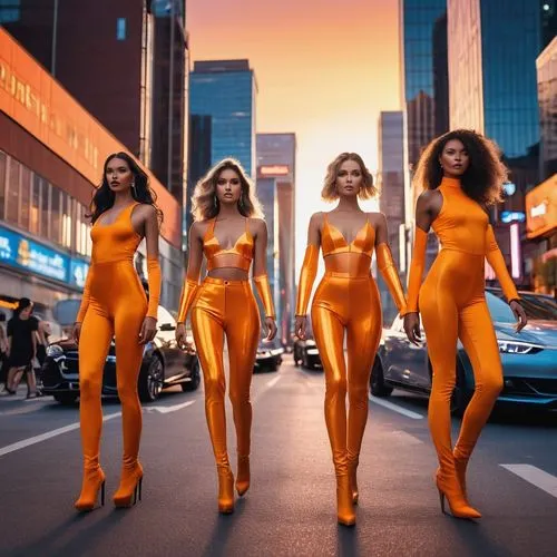 fembots,catsuits,rockettes,orange,neon body painting,serebro,Photography,General,Realistic