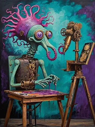 meticulous painting,graffiti art,painting technique,street artists,chalk drawing,puppeteer,street artist,octopus,table artist,cephalopod,creative office,fantasy art,illustrator,kraken,creative arts,fun octopus,psychedelic art,creative spirit,dali,art painting,Illustration,Realistic Fantasy,Realistic Fantasy 13