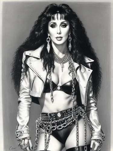 Cher, in 1980s Heavy Metal clothes, chains, rivets,joan collins-hollywood,tura satana,madonna,callisto,1980's,1980s,80s,eighties,cleopatra,ann margaret,shoulder pads,jean simmons-hollywood,brooke shie