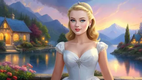 Romantic masterpiece oil painting, cute girl portrait, nostalgic 1950's style kitsch, breathtaking beautiful kingdom landscape, majestic fantasy scenery, evening lighting,  highly detailed, highres, a