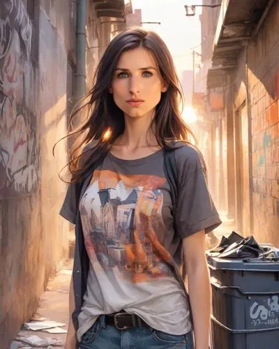 inquisitive expression, wide eyes, open long hair, casual outfit, levi 501 jeans, medium buxom, 'METALLICA' T-shirt, walking, urban alleyway, graffiti walls, trash cans, sunset, dynamic angle, action 