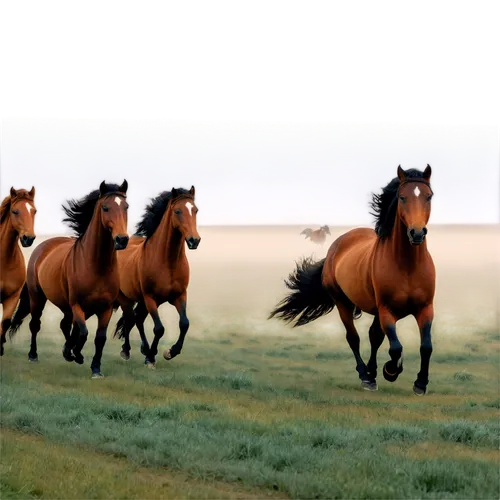 Wild horses, galloping, herd, freedom, majestic, powerful muscles, shiny coats, flowing manes, wild eyes, open plains, morning mist, soft warm light, panoramic view, cinematic composition, vibrant col