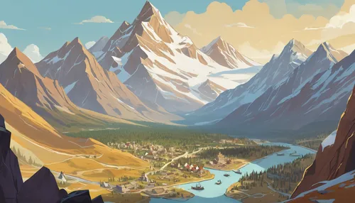 mountains,valley,high mountains,mountain range,mountainous landscape,mountain valley,mountain valleys,mountain world,mountain settlement,giant mountains,moraine,mountain landscape,autumn mountains,mountain plateau,mountainous landforms,yellow mountains,mountain ranges,alpine region,mountain village,mountain scene,Illustration,Vector,Vector 04