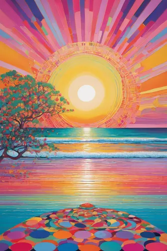 psychedelic art,sun,sunburst background,sunrise beach,sun and sea,colorful tree of life,sun burst,sunset beach,bright sun,sun reflection,sun of jamaica,rising sun,colorful background,beach landscape,delight island,sunburst,morning illusion,summersun,colorful light,psychedelic,Illustration,Abstract Fantasy,Abstract Fantasy 08