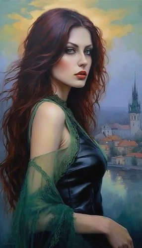 celtic woman,girl on the river,romantic portrait,gothic portrait,fantasy art,celtic queen,fantasy portrait,oil painting on canvas,oil painting,mystical portrait of a girl,gothic woman,art painting,fantasy picture,rusalka,young woman,fantasy woman,italian painter,iulia hasdeu castle,photo painting,miss circassian,Illustration,Realistic Fantasy,Realistic Fantasy 30