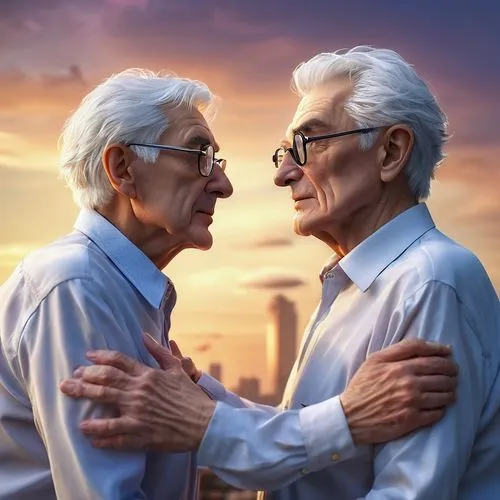 Elderly gay couple, intimate kiss, wrinkled skin, silver hair, glasses, gentle facial features, tender expression, embracing arms, casual wear, plain shirts, comfortable pants, walking sticks, peacefu