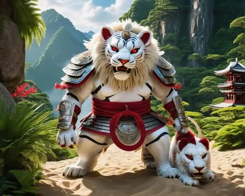 a majestic samurai roams the ancient Japanese enchanted land, surrounded by towering stone walls and towering lions. Its white fur is deep red with white stripes, and its large eyes fixate on a small 