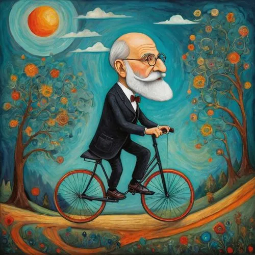 sigmund freud riding a unicycle,an older man riding a bike on the street,bernanos,bernanke,icahn,freud,velocipede,unamuno,Illustration,Abstract Fantasy,Abstract Fantasy 07