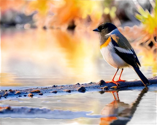 Rio junco, bird, small size, grey back, white belly, black head, orange beak, slender legs, perched, riverbank, morning light, soft focus, natural habitat, shallow composition, warm color tone.,the bi