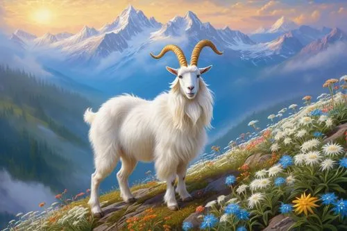 Fantasy goatse AI art, majestic white goatse, golden horns, fluffy fur, bright blue eyes, gentle smile, standing on a misty mountain peak, surrounded by blooming edelweiss flowers, soft focus, warm su