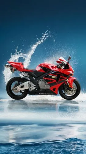 A photo of a motorcycle with a splash of water around it, placed on a blue gradient background. The motorcycle is positioned in the center of the image. The background is a gradient of light blue to w