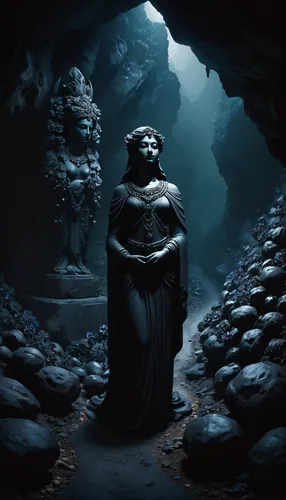 night, dark deep cave, stone statues of beautiful goddesses in the cave stand along the road leading into the darkness of the cave, precious stones are scattered in the cave, black flowers made of sto