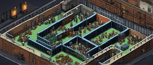 dungeon,barracks,mining facility,animal containment facility,tavern,capital escape,fallout shelter,heavy water factory,escher village,thermae,isometric,blockhouse,bunker,dormitory,rescue alley,town planning,retirement home,basement,the wolf pit,game illustration,Illustration,Black and White,Black and White 24