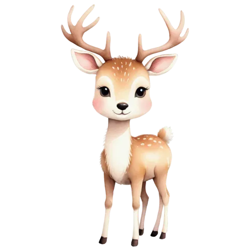 Deer, cute cartoon style, standing, white fur, brown eyes, pink nose, gentle expression, antlers, forest setting inspiration, watercolor texture, soft lighting, 3/4 composition, warm color tone.,a cut