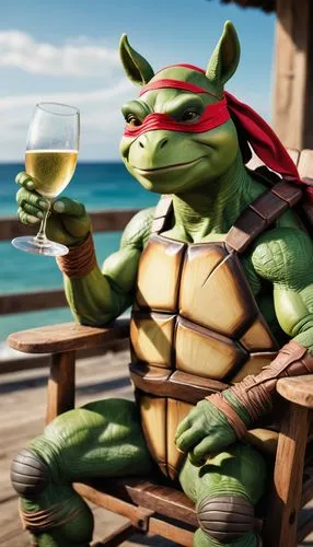 a fucking Ninja turtle, hybrid with a weird fucking Donkey, leisurely sitting in a worn-out fucking  wooden chair, sipping a glass of fucking champagne, looking at the fucking distance, melancholy exp