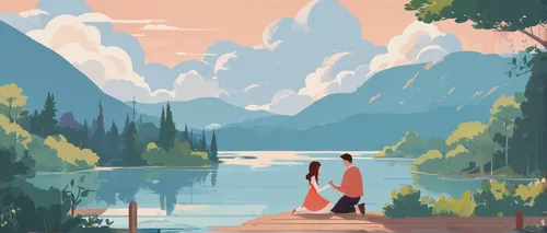 lakeside,hikers,stroll,mountainlake,travel poster,landscape background,lake,creek,vintage couple silhouette,summer day,travelers,mountain lake,lake moraine,ritriver and the cat,emerald lake,river landscape,mountains,two jack lake,the lake,canoeing,Illustration,Japanese style,Japanese Style 06