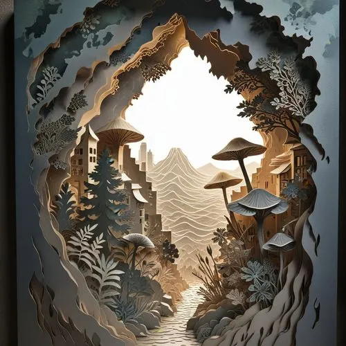 ice cave,mountain world,mushroom landscape,snow mountains,mountain settlement,erebor