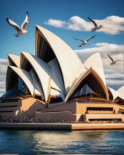 Sydney Opera House, iconic building, white concrete sails, dramatic curves, grand staircase, intricate details, harbour views, sunny day, blue sky, sailboats in foreground, seagulls flying overhead, m