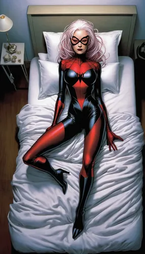 Madame Web 
is in my bed, girl,black cat,woman on bed,red super hero,black widow,widow spider,widow,rubber doll,woman laying down,girl in bed,darth talon,x men,dead pool,fire red eyes,red eyes,silk,ma