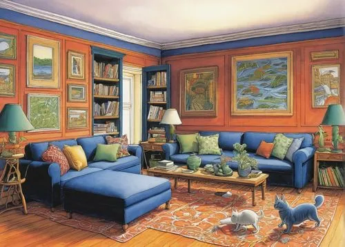 blue room,sitting room,blue painting,family room,livingroom,living room,victorian room,meticulous painting,fromental,great room,danish room,interior decor,house painting,interior decoration,home interior,parlor,paintings,decors,roominess,blue lamp,Illustration,Children,Children 03