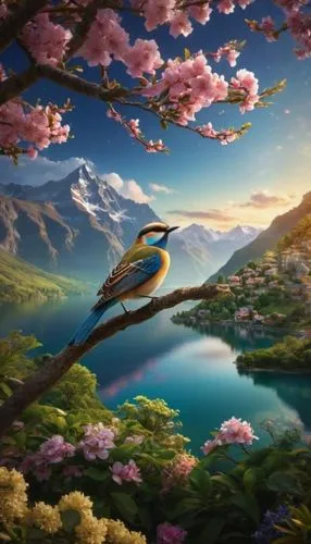 blue birds and blossom,bird painting,nature background,bird kingdom,nature wallpaper,fantasy picture,bird bird kingdom,springtime background,background view nature,flower and bird illustration,nature bird,landscape background,bird flower,colorful birds,spring background,beautiful bird,splendor of flowers,blue bird,background colorful,fantasy art