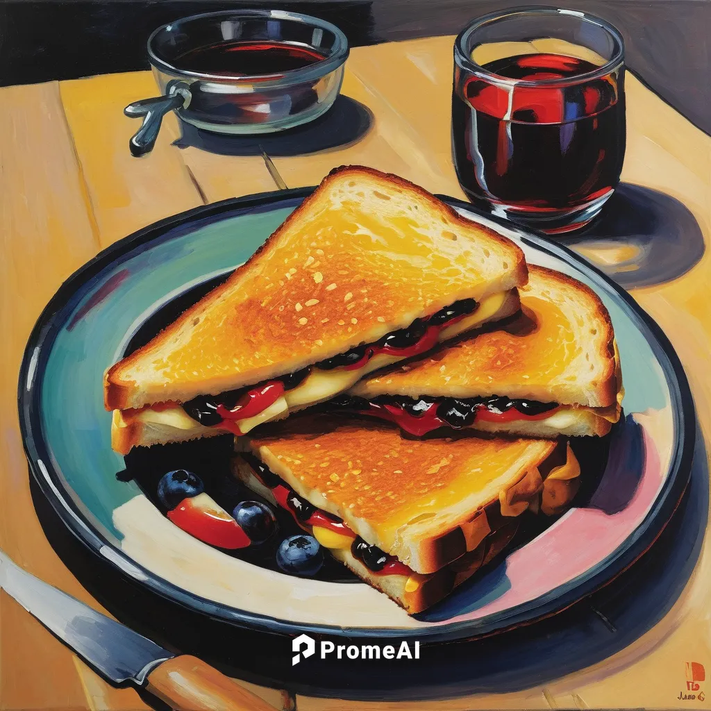 In a murder mystery novel, introduce a GCDC Grilled Cheese Bar as the main setting for a crucial clue.,grilled cheese,french toast,still life with jam and pancakes,peanut butter and jelly sandwich,cro