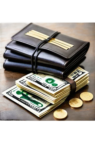 Bundles of 100-dollar bills, wrapped in rubber bands, stacks of cash, gold coins on top, leather wallet, luxurious background, shallow depth of field, warm lighting, cinematic composition, detailed te