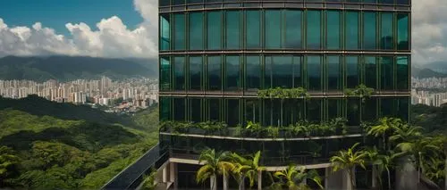 Venezuelan architecture, modern skyscraper, sleek lines, glass facade, steel frame, urban cityscape, Caracas, tropical climate, lush greenery, vibrant colors, intricate ornaments, colonial influence, 