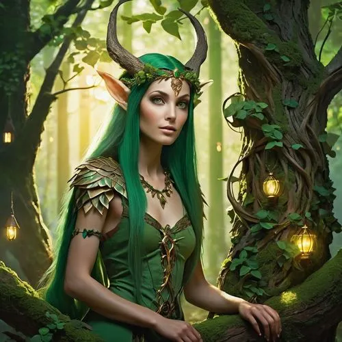 Woodland fantasy scene, mystical wood elves, slender figures, pointed ears, emerald green hair, intricate wooden accessories, leafy clothing, vines wrapped around arms, gentle facial features, soft gl