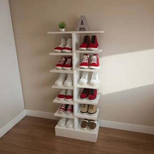 several pairs of shoes are arranged on a wooden shelf,shoe cabinet,shelves,shelving,walk-in closet,shoefiti,wine rack,Photography,General,Realistic