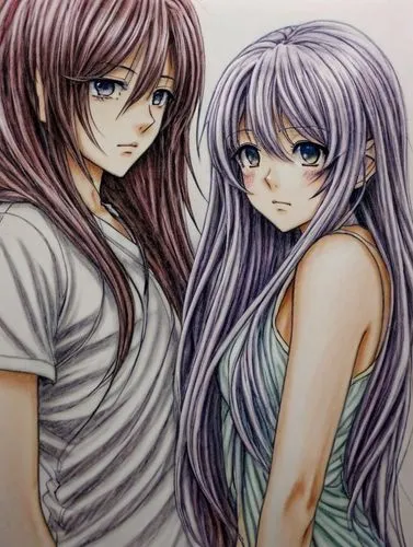 two girls,anime cartoon,light purple,violet family,purple-white,purple and pink,couple,white purple,the purple-and-white,sisters,young couple,hiyayakko,hair coloring,pale purple,twiliight,in pairs,boy and girl,cute cartoon image,anime 3d,couple - relationship