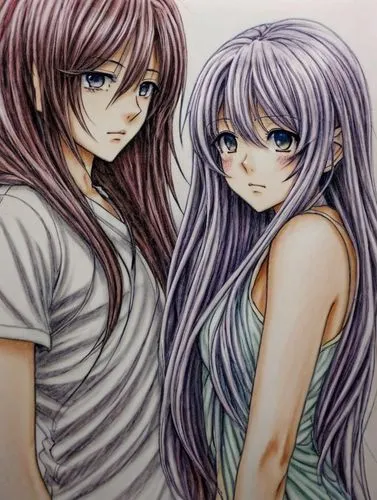 two girls,anime cartoon,light purple,violet family,purple-white,purple and pink,couple,white purple,the purple-and-white,sisters,young couple,hiyayakko,hair coloring,pale purple,twiliight,in pairs,boy