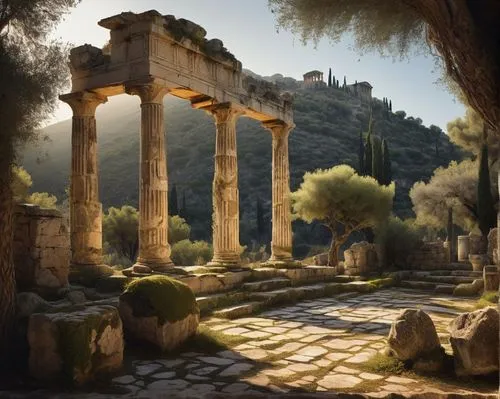 Ancient Greek ruins, crumbling stone columns, overgrown with vines and moss, worn marble floors, faded frescoes on walls, mysterious artifacts scattered, torches lit, warm golden lighting, dramatic sh